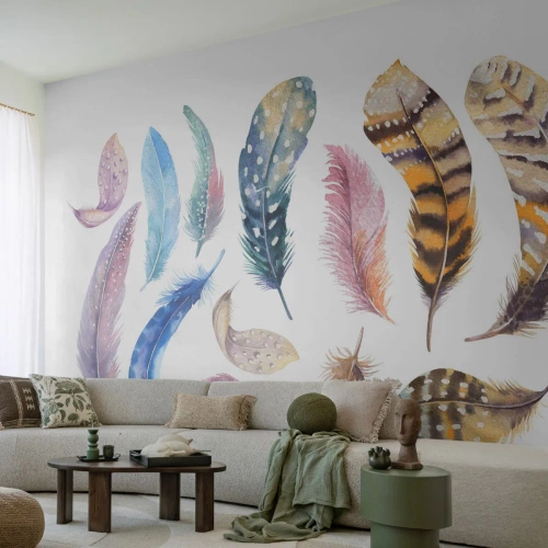 Fototapeta Premium Canvas - Ľahké, strakaté a viacfarebné - Vtáčie perie, Vtáky, Grafika - 300x210 cm