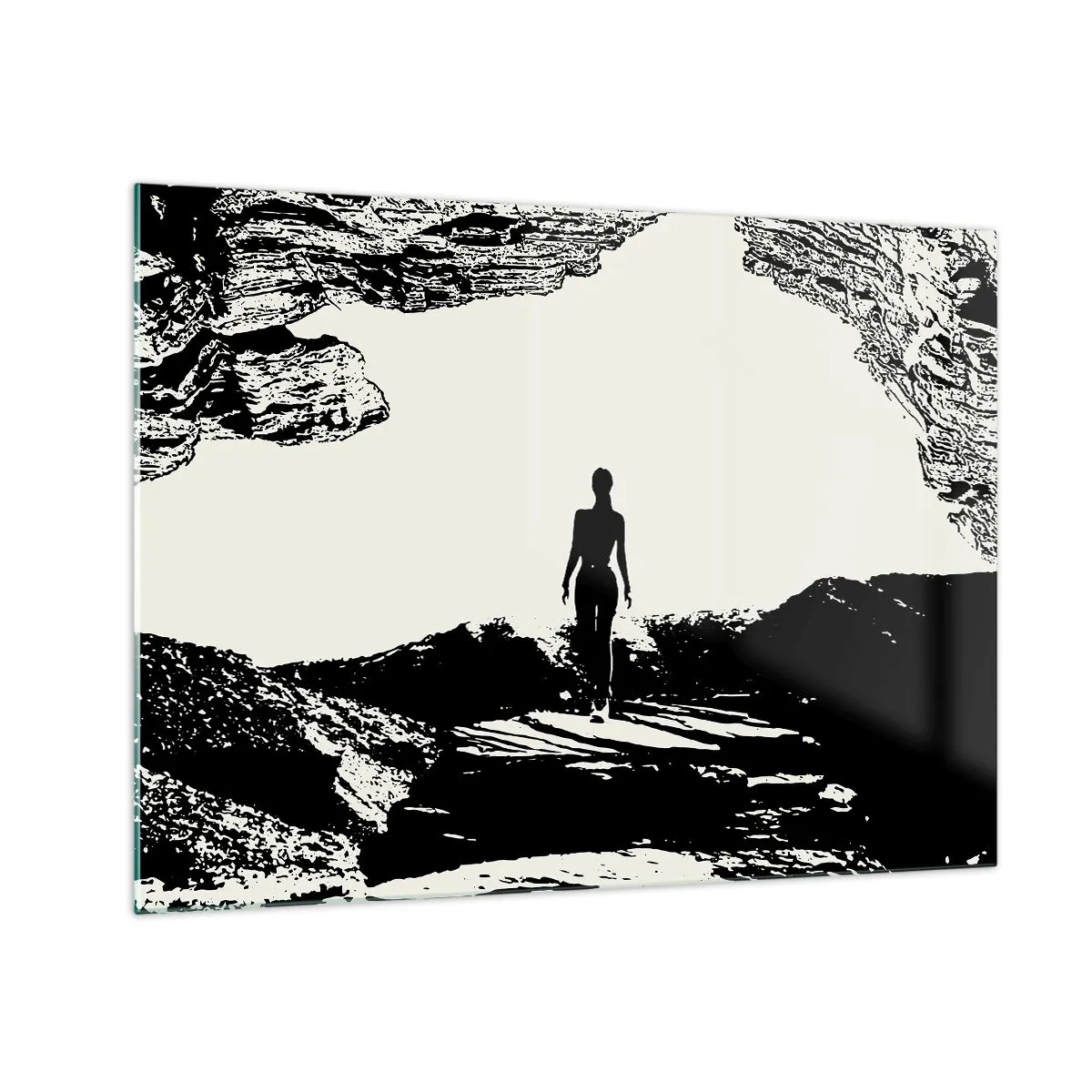Obraz na skle - Silueta ženy vychádzajúcej z jaskyne v čiernobielej grafike - 70x50cm - Nový pohľad - Moderná nástenná dekorácia do obývacej izby a spálne ARTTOR