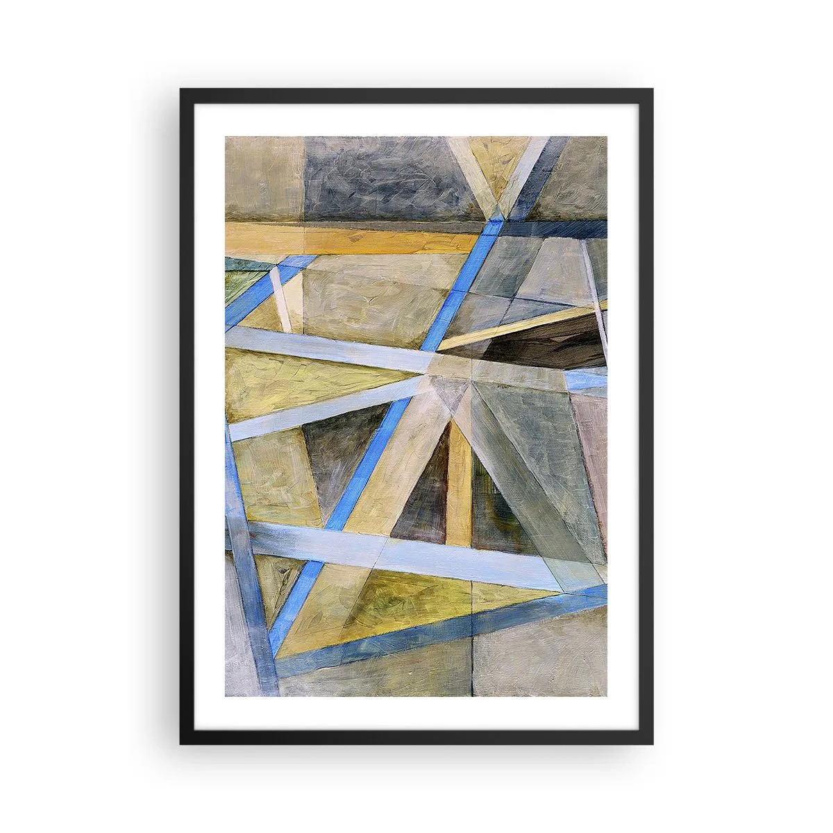 Plagát v čiernom ráme - Geometrická abstrakcia s odtieňmi modrej a zlatej - 50x70cm - Priamo alebo diagonálne? - Moderná nástenná dekorácia do obývacej izby a spálne ARTTOR