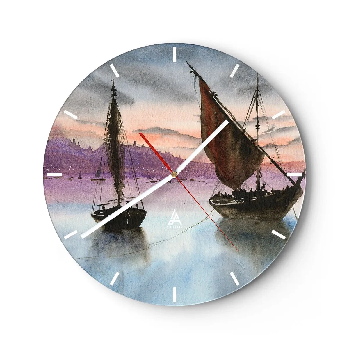 Nástenné hodiny - Plachetnice na vode pri západe slnka - 30x30cm - Večer v prístave - Moderná nástenná dekorácia do obývacej izby, kuchyne a spálne ARTTOR