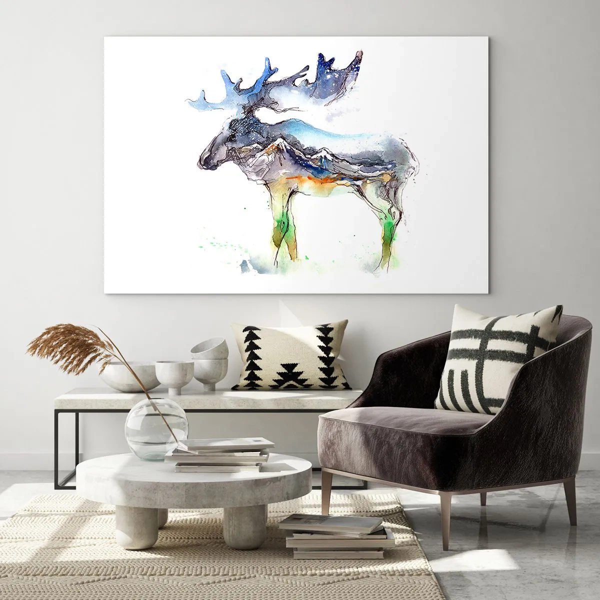 Obraz na skle - Akvarelová maľba losa s motívom siluety hory - 70x50cm - Hrdina zimného príbehu - Moderná nástenná dekorácia do obývacej izby a spálne ARTTOR