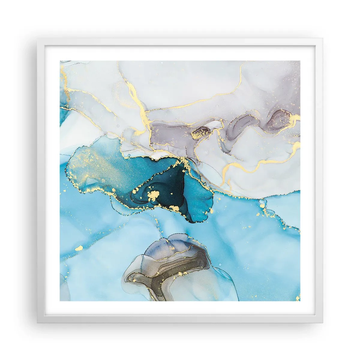 Plagát v bielom ráme - Štúdia o stretnutí šedej a tyrkysovej - 60x60 cm