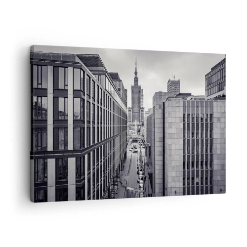 Obraz na plátne - Panoráma Varšavy s výhľadom na Palác kultúry a okolité budovy - 70x50cm - Varšavské údolie - Moderná nástenná dekorácia do obývacej izby a spálne ARTTOR
