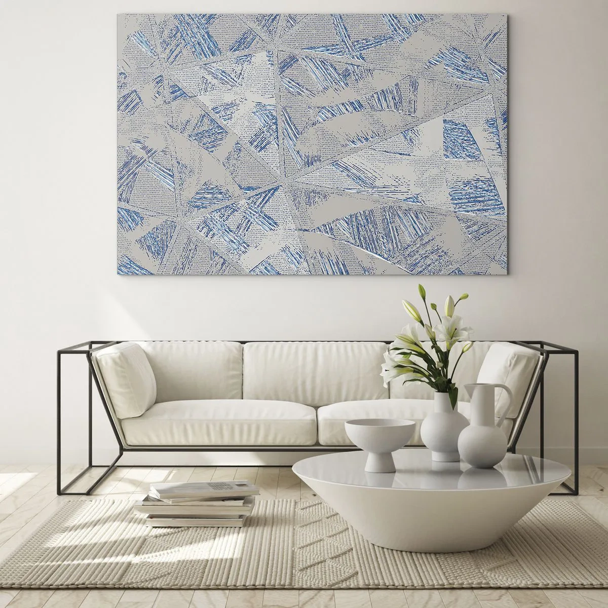 Obraz na skle - Geometrické vzory v odtieňoch sivej a modrej - 70x50cm - V šedo-modrom labyrinte - Moderná nástenná dekorácia do obývacej izby a spálne ARTTOR