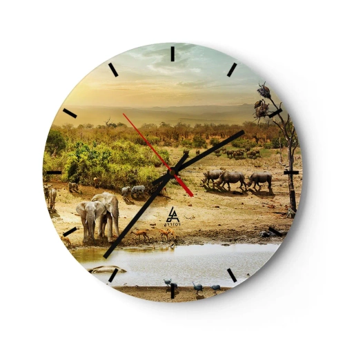 Nástenné hodiny - Savana s divými zvieratami pri napájadle pri západe slnka - 30x30cm - „Z raja opäť pramenila rieka…“ - Moderná nástenná dekorácia do obývacej izby, kuchyne a spálne ARTTOR
