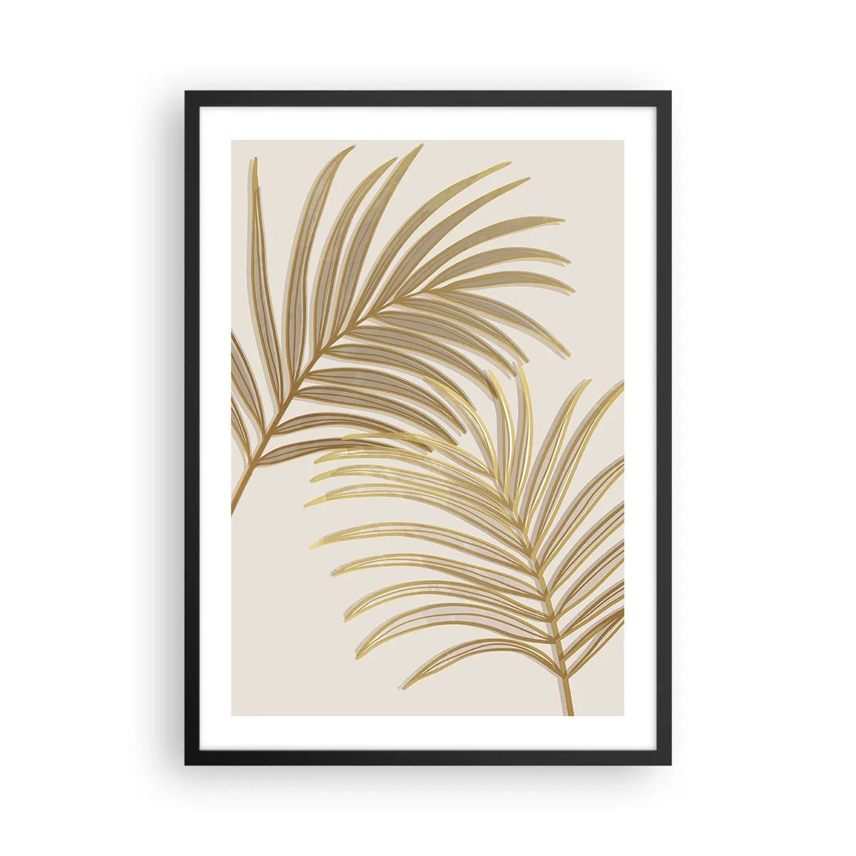 Plagát v čiernom ráme - Zlaté palmové listy v minimalistickom štýle na svetlom pozadí - 50x70cm - Zlatá palma! - Moderná nástenná dekorácia do obývacej izby a spálne ARTTOR
