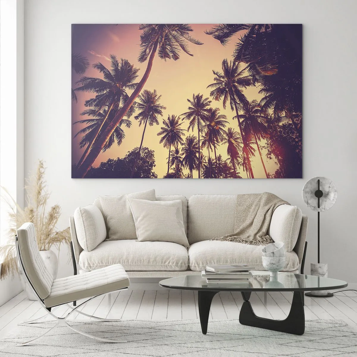 Obraz na skle - Palmy v lúčoch zapadajúceho slnka - 70x50cm - Tropická variácia - Moderná nástenná dekorácia do obývacej izby a spálne ARTTOR