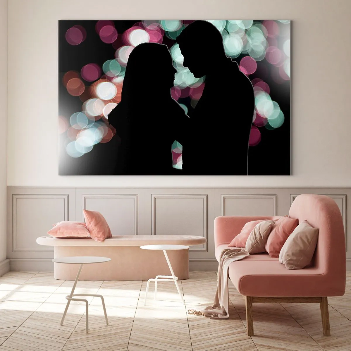 Obraz na skle - Siluety páru na pozadí farebných bokeh svetiel - 70x50cm - Áno! - Moderná nástenná dekorácia do obývacej izby a spálne ARTTOR