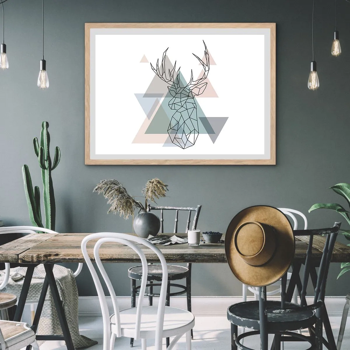 Plagát v ráme zo svetlého duba - V geometrickom lese - 91x61 cm
