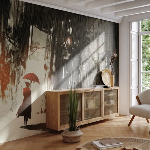 Fototapeta Premium Canvas - Poézia červeného dáždnika - Mesto, Žena, Architektúra - 300x210 cm