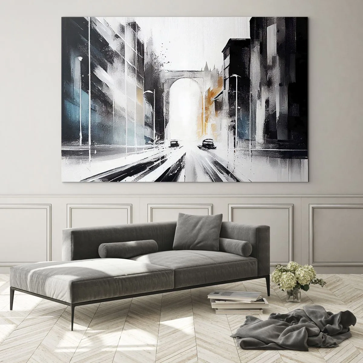 Obraz na skle - Dynamická mestská ulica s autami a oblúkom v pozadí v maliarskom štýle. - 70x50cm - Štúdia mesta: architektúra a pohyb - Moderná nástenná dekorácia do obývacej izby a spálne ARTTOR