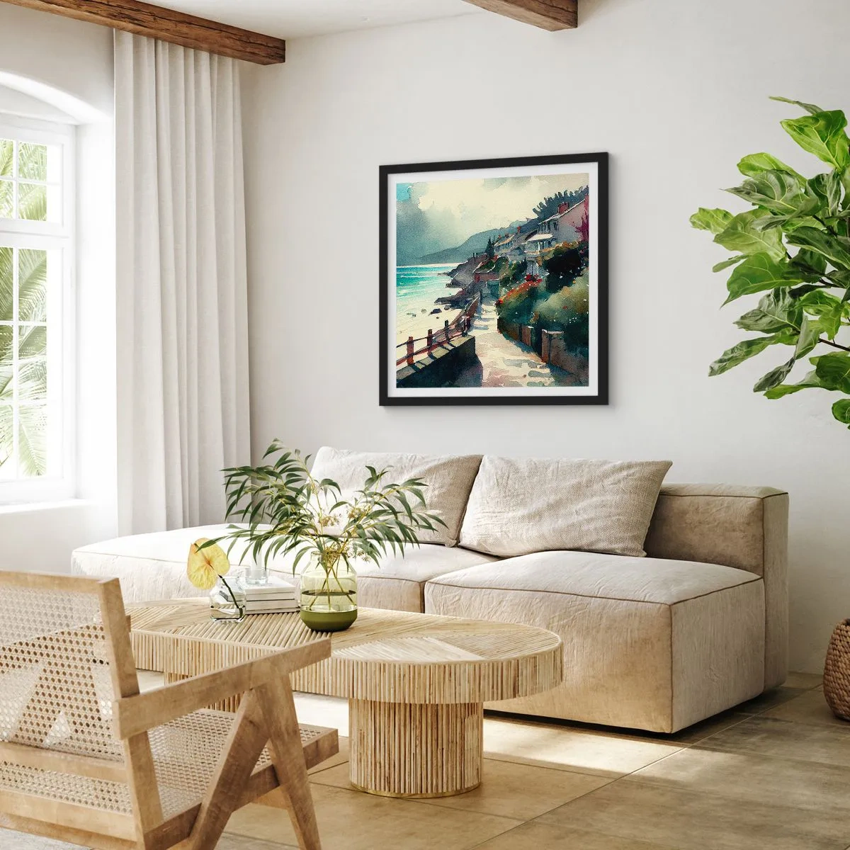 Plagát v čiernom ráme - Stredomorské mestečko - 40x40 cm