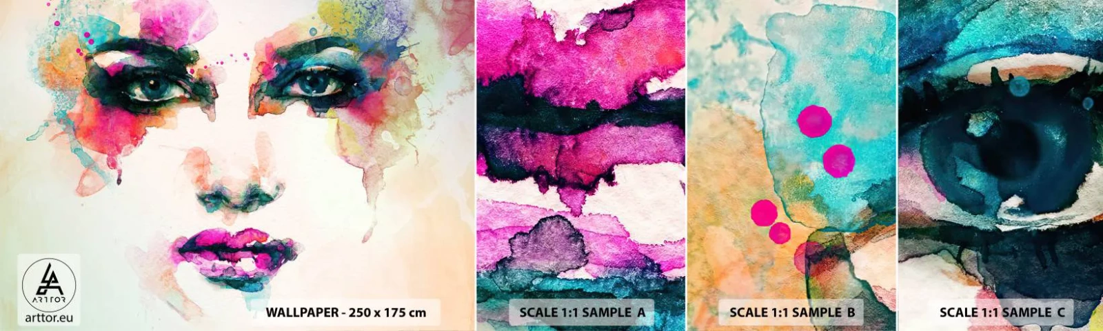 Vzorka samolepiacej fototapety Deluxe Sticker - Portrét maľovaný dúhou - Abstrakcia, Ženská tvár, Kus - 100x30 cm