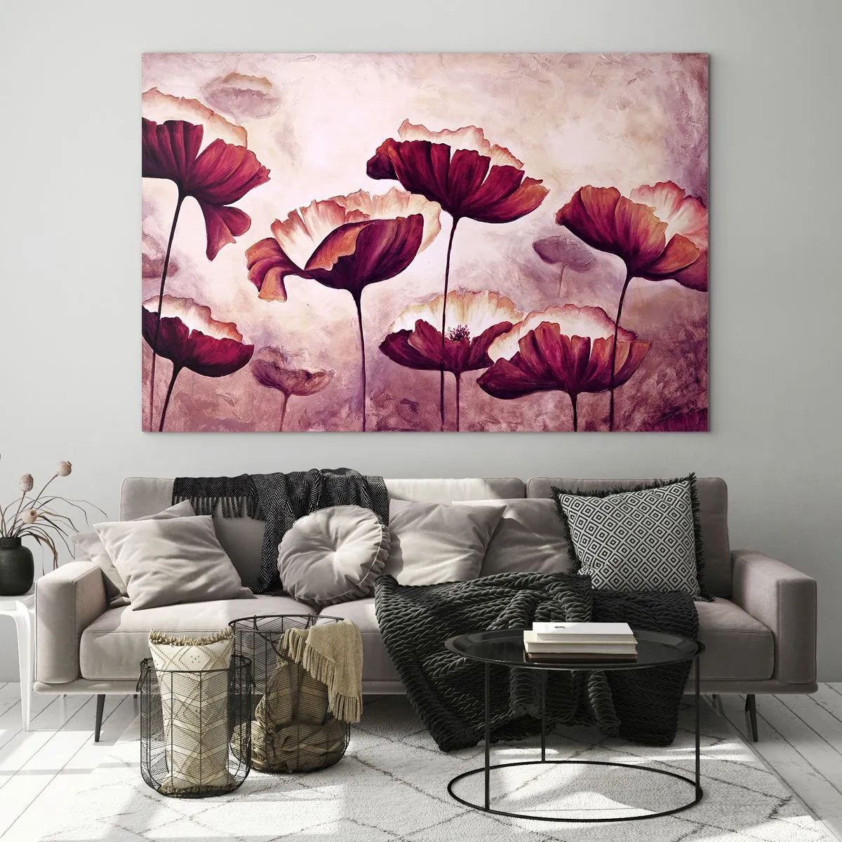 Obraz na skle - Červené a biele vlčie maky proti jasnej oblohe - 70x50cm - Červený a biely plátok - Moderná nástenná dekorácia do obývacej izby a spálne ARTTOR