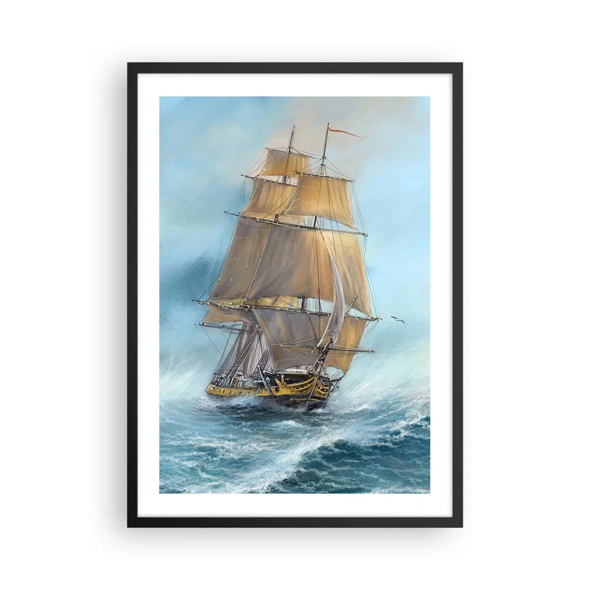 Plagát v čiernom ráme - Plachetnica plávajúca cez rozbúrené more v realistickom štýle - 50x70cm - Bežiaci po vlnách - Moderná nástenná dekorácia do obývacej izby a spálne ARTTOR