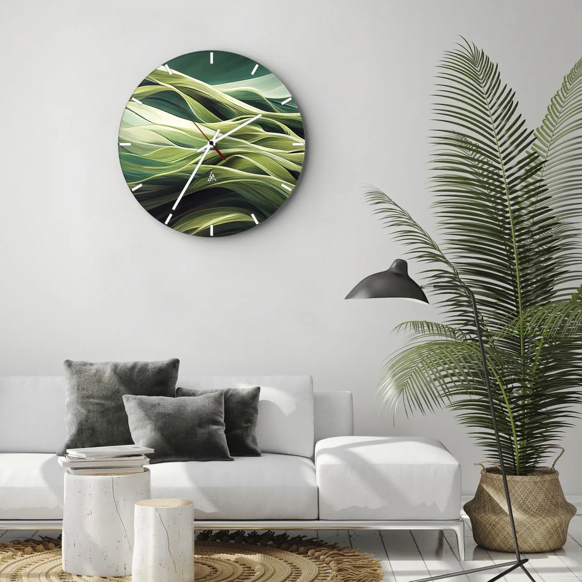 Nástenné hodiny - Zelené vlny v abstraktnej, dynamickej kompozícii - 30x30cm - Abstraktná hra na zelenú - Moderná nástenná dekorácia do obývacej izby, kuchyne a spálne ARTTOR