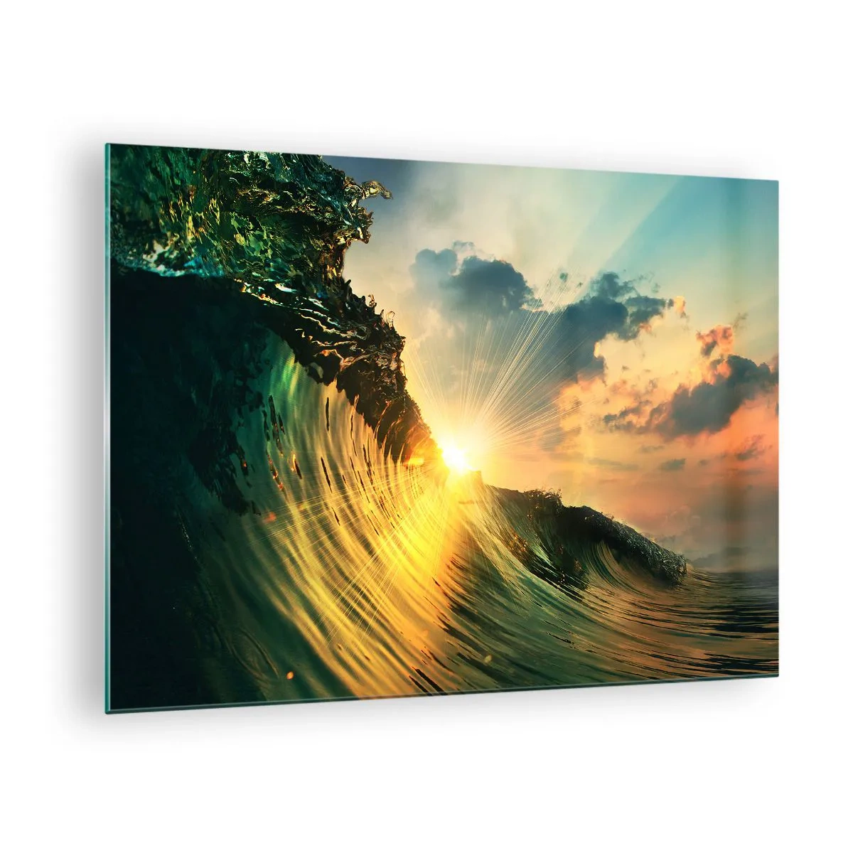 Obraz na skle - Zapadajúce slnko osvetľuje oceánske vlny - 70x50cm - Surfer, kde si? - Moderná nástenná dekorácia do obývacej izby a spálne ARTTOR