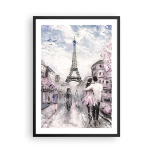 Plagát v čiernom ráme - Romantická scéna v Paríži s Eiffelovou vežou v pozadí - 50x70cm - Keď sa zamilovať, tak len v… - Moderná nástenná dekorácia do obývacej izby a spálne ARTTOR