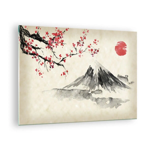 Obraz na skle - Japonská akvarelová maľba hory a kvitnúcej vetvy - 70x50cm - Zamilujte sa do Japonska - Moderná nástenná dekorácia do obývacej izby a spálne ARTTOR