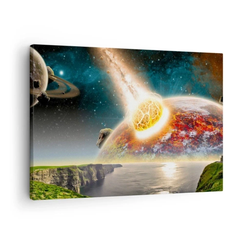 Obraz na plátne - Meteorit sa zrazí s planétou v kozmickej krajine. - 70x50cm - Vesmírna dráma - Moderná nástenná dekorácia do obývacej izby a spálne ARTTOR