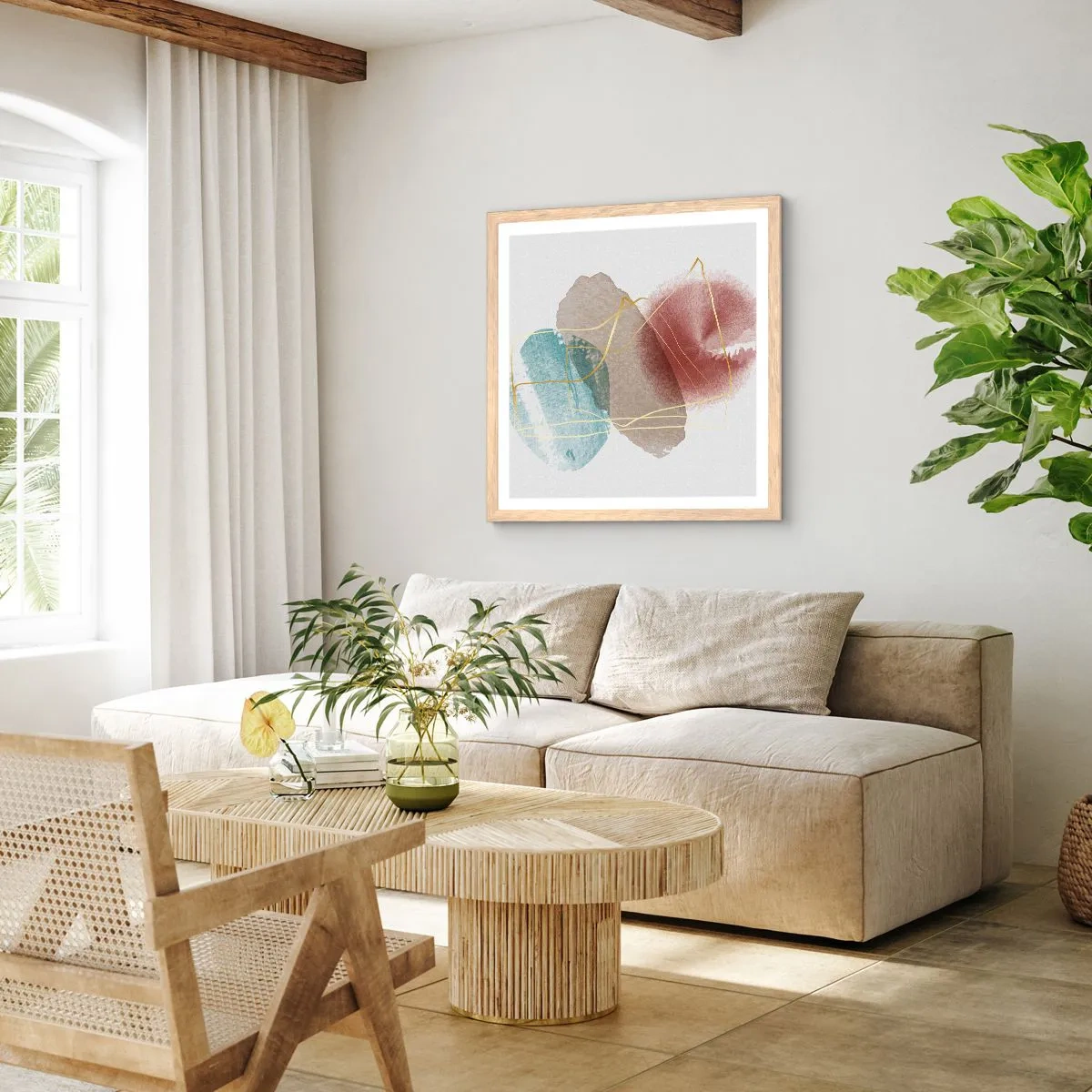 Plagát v ráme zo svetlého duba - Korálky priestoru - 60x60 cm