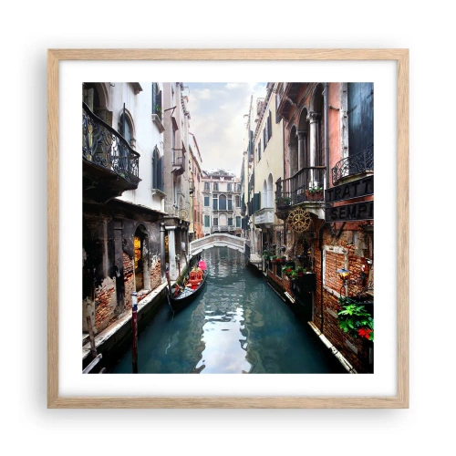 Plagát v ráme zo svetlého duba - Benátska krajina s gondolou a mostíkom - 50x50 cm