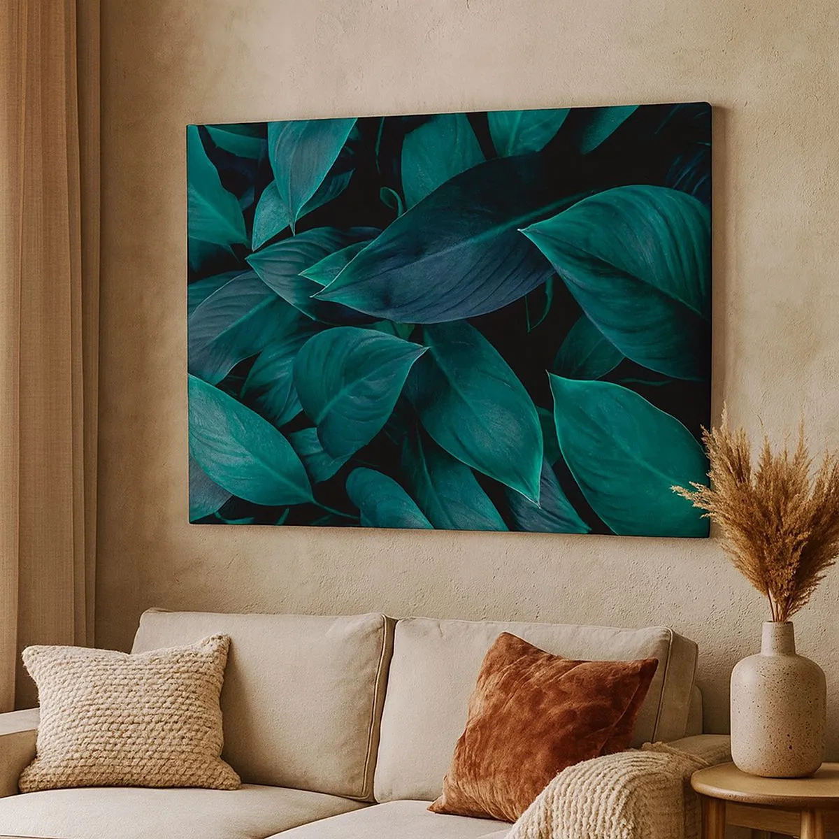 Obraz na plátne - Detailný záber na zelené listy s tmavým pozadím - 70x50cm - Zeleň sama o sebe - Moderná nástenná dekorácia do obývacej izby a spálne ARTTOR