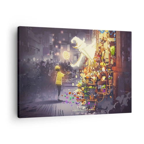 Obraz na plátne - Rozprávková postavička a dieťa na ulici plnej svetiel a mágie - 70x50cm - Kúzla existujú - Moderná nástenná dekorácia do obývacej izby a spálne ARTTOR