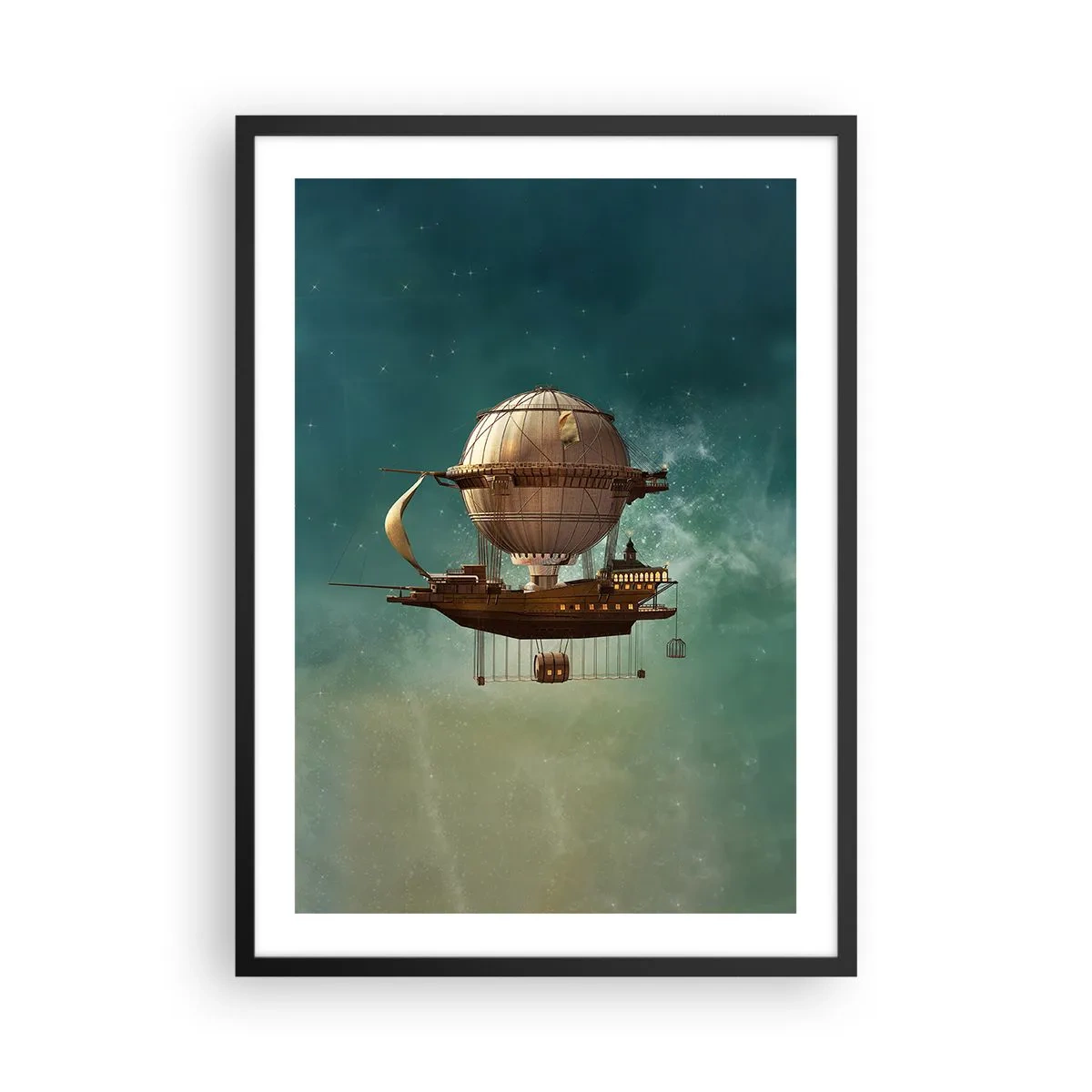 Plagát v čiernom ráme - Fantastická vzducholoď vznášajúca sa medzi hviezdami - 50x70cm - Julius Verne pozdravuje - Moderná nástenná dekorácia do obývacej izby a spálne ARTTOR