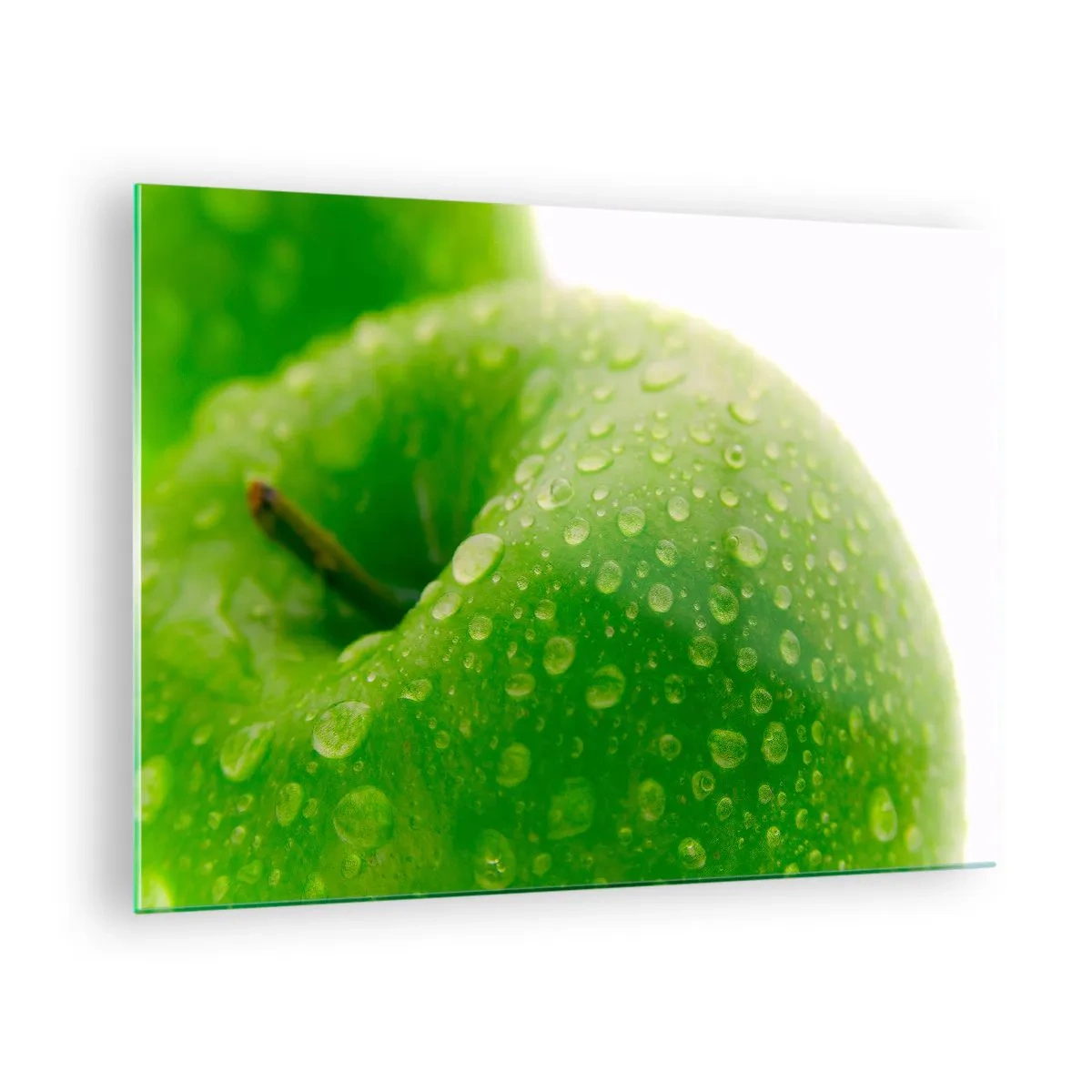 Obraz na skle - Zelené jablko pokryté kvapkami vody - 70x50cm - Zelená studená sviežosť - Moderná nástenná dekorácia do obývacej izby a spálne ARTTOR