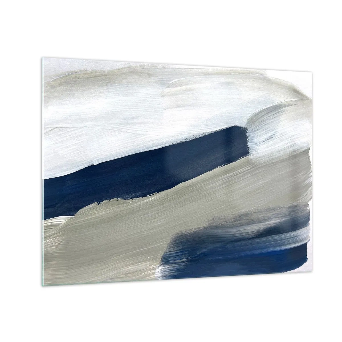 Obraz na skle - Minimalistická abstrakcia s dynamickými ťahmi bielej, námorníckej modrej a sivej. - 70x50cm - Stretnutie s bielou - Moderná nástenná dekorácia do obývacej izby a spálne ARTTOR