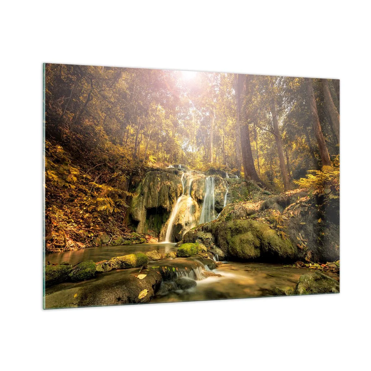 Obraz na skle - Lesný vodopád v zeleni - 100x70 cm