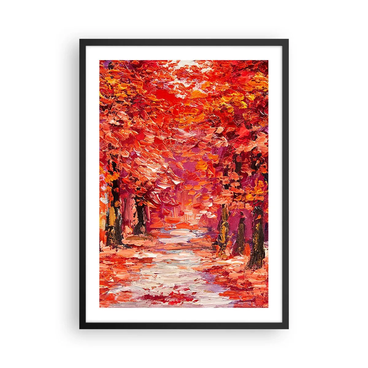 Plagát v čiernom ráme - Malebná jesenná ulička v červených odtieňoch - 50x70cm - Jesenná impresia - Moderná nástenná dekorácia do obývacej izby a spálne ARTTOR
