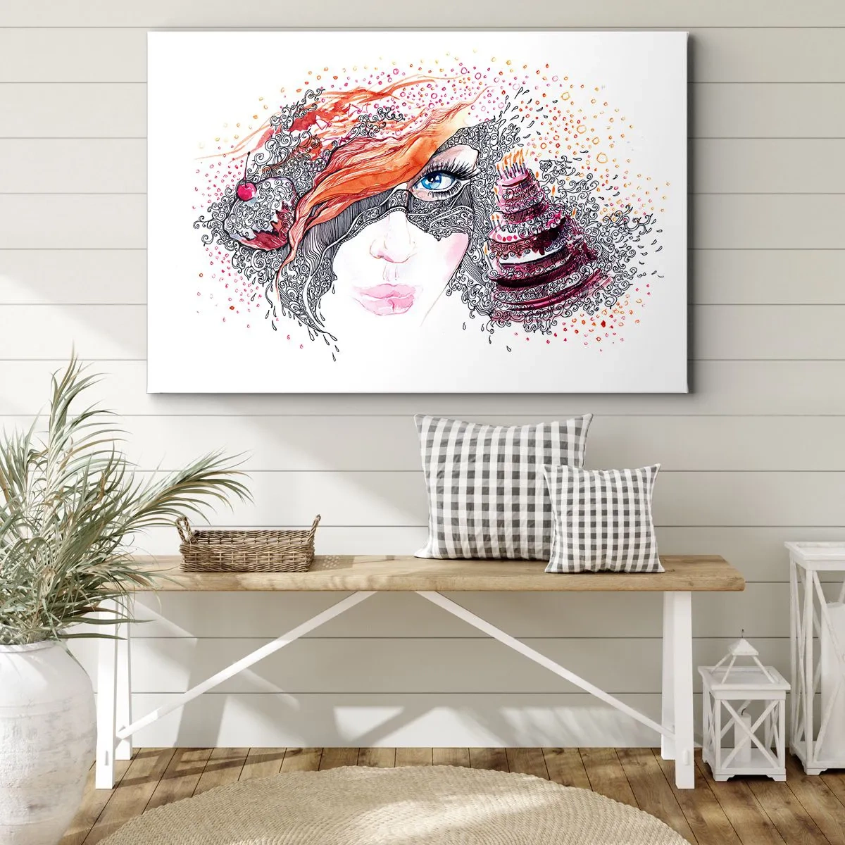 Obraz na plátne - Umelecký portrét ženy s detailmi a červeným akcentom - 70x50cm - S ňou je každý deň sviatok - Moderná nástenná dekorácia do obývacej izby a spálne ARTTOR