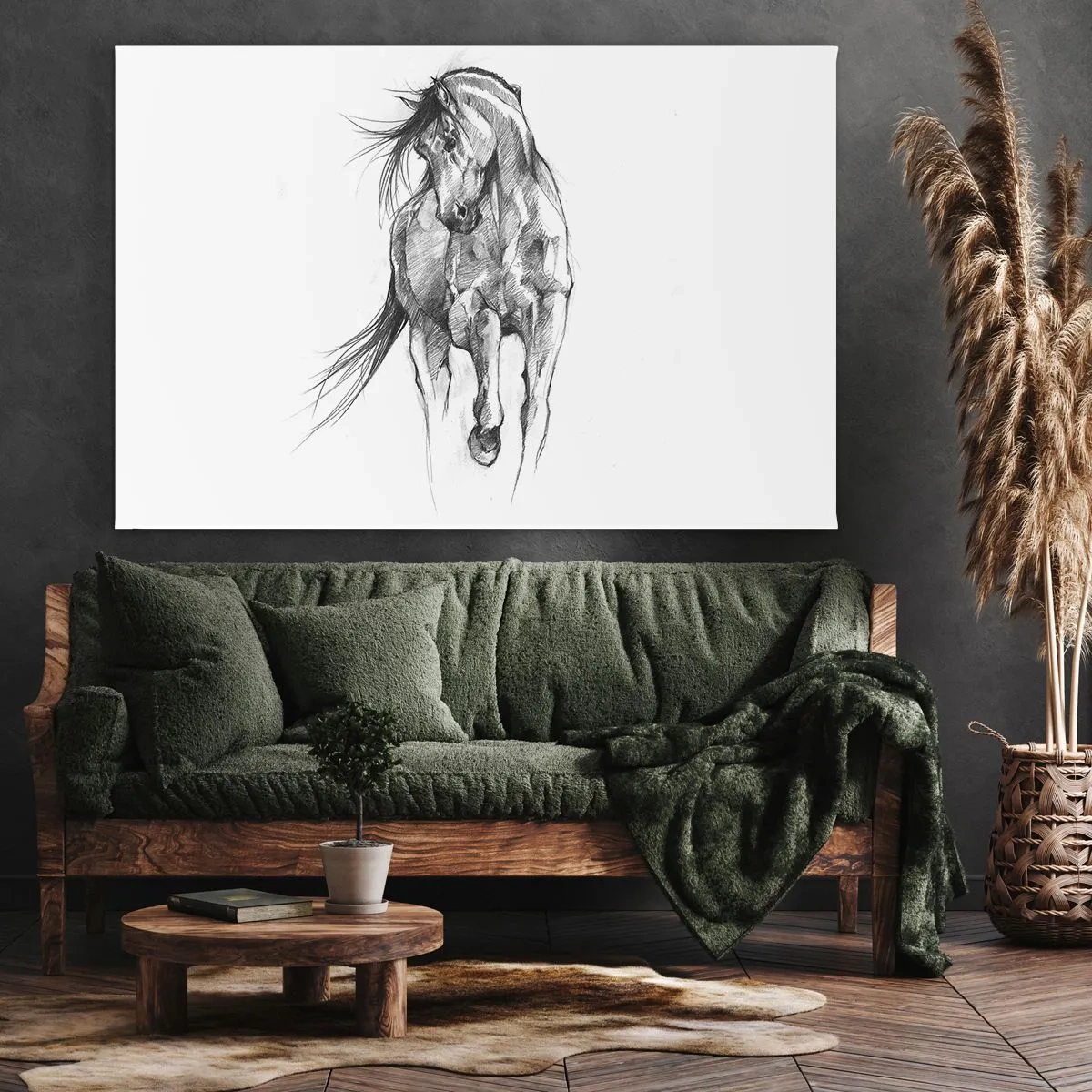 Obraz na plátne - Čiernobiely náčrt cválajúceho koňa - 70x50cm - V ladnom kluse - Moderná nástenná dekorácia do obývacej izby a spálne ARTTOR