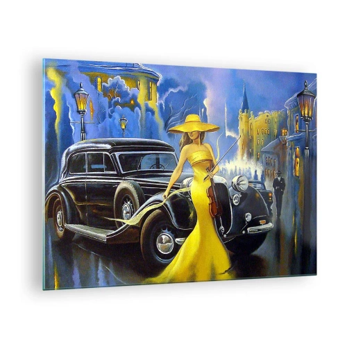 Obraz na skle - Žena v žltých šatách vedľa veterána - 70x50cm - Nokturno pre husle a lásku - Moderná nástenná dekorácia do obývacej izby a spálne ARTTOR