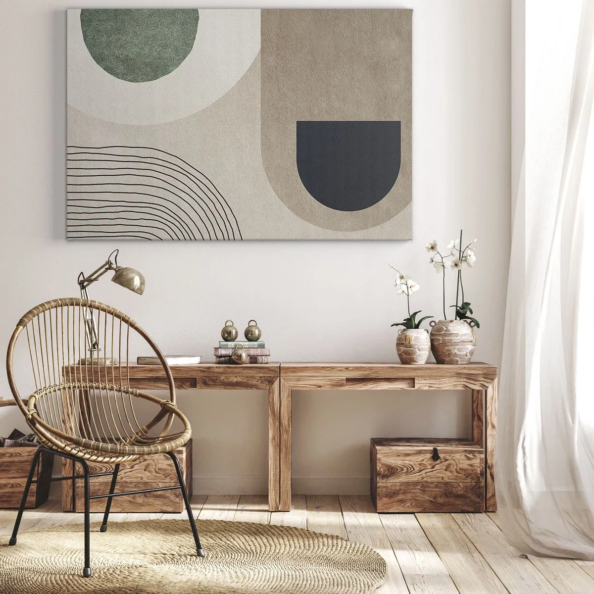 Obraz na plátne - Geometrické tvary v odtieňoch béžovej a zelenej - 70x50cm - Nežnosť oválu - Moderná nástenná dekorácia do obývacej izby a spálne ARTTOR
