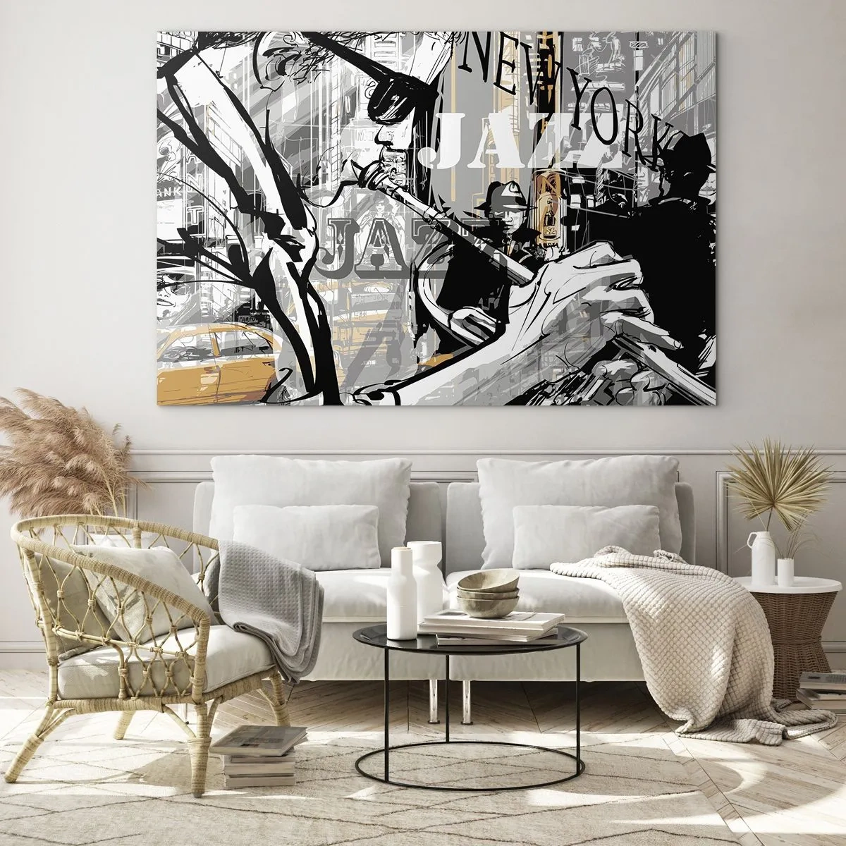Obraz na skle - Štýlová kresba jazzového hudobníka hrajúceho na trúbku v newyorskom prostredí. - 70x50cm - V rytme New Yorku - Moderná nástenná dekorácia do obývacej izby a spálne ARTTOR