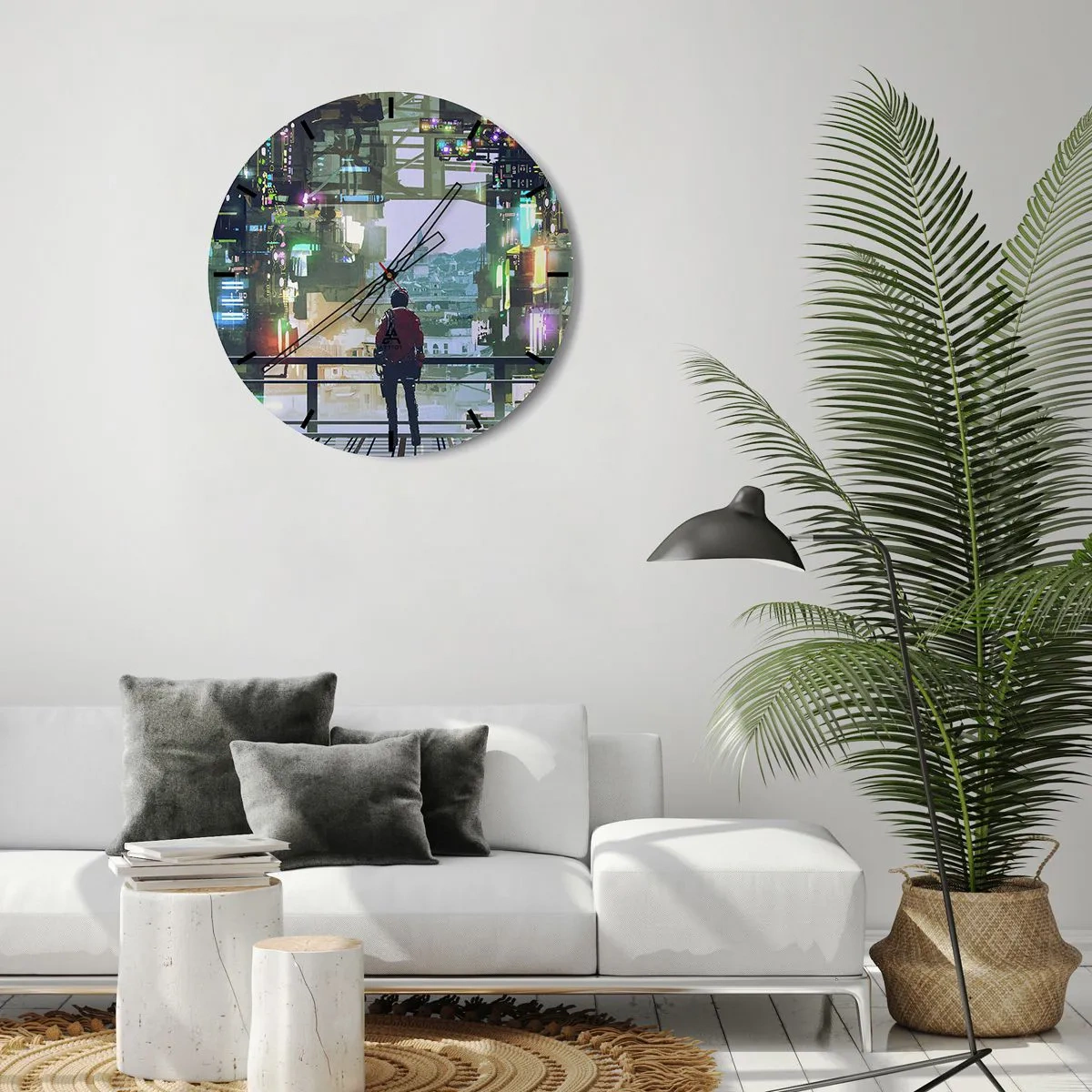 Nástenné hodiny - Postava vo futuristickom meste s neónovými svetlami a panorámou mesta v pozadí - 30x30cm - Dva svety - Moderná nástenná dekorácia do obývacej izby, kuchyne a spálne ARTTOR