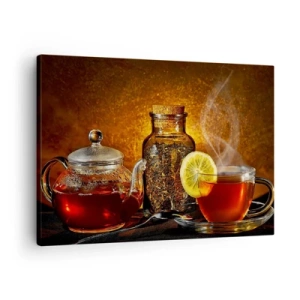 Obraz na plátne - Čaj v sklenenej kanvici s citrónom a sypaným čajom - 70x50cm - V štýle holandských majstrov - Moderná nástenná dekorácia do obývacej izby a spálne ARTTOR