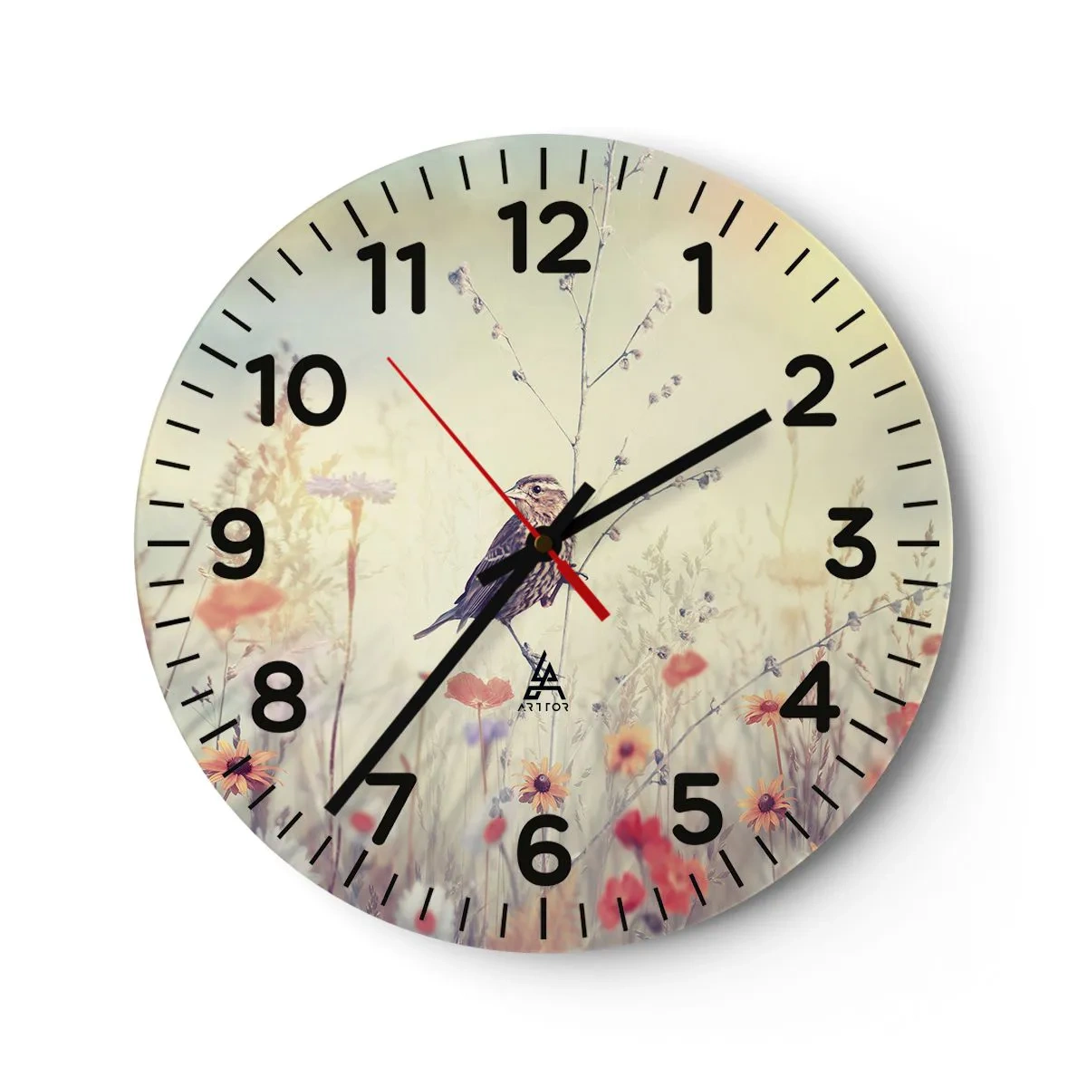 Nástenné hodiny - Portrét vtáka s lúkou v pozadí - 40x40 cm