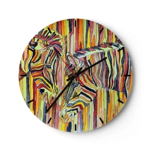 Nástenné hodiny - Abstraktné zobrazenie dvoch zebier na pozadí farebných pruhov. - 30x30cm - Takže ty tiež… - Moderná nástenná dekorácia do obývacej izby, kuchyne a spálne ARTTOR