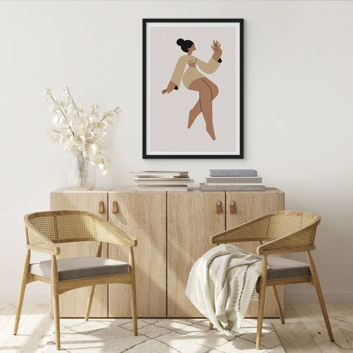 Plagát v čiernom ráme - Minimalistická ilustrácia ženskej postavy v pohybe. - 50x70cm - Tvar pôvabu - Moderná nástenná dekorácia do obývacej izby a spálne ARTTOR