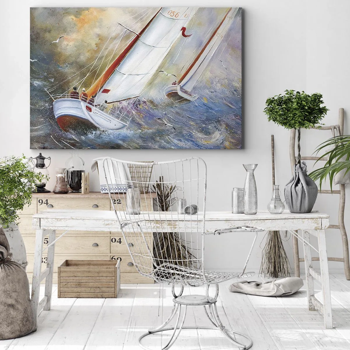 Obraz na plátne - Plachetnice na rozbúrených vlnách v dynamickej kompozícii - 70x50cm - Bežiace cez vlny - Moderná nástenná dekorácia do obývacej izby a spálne ARTTOR