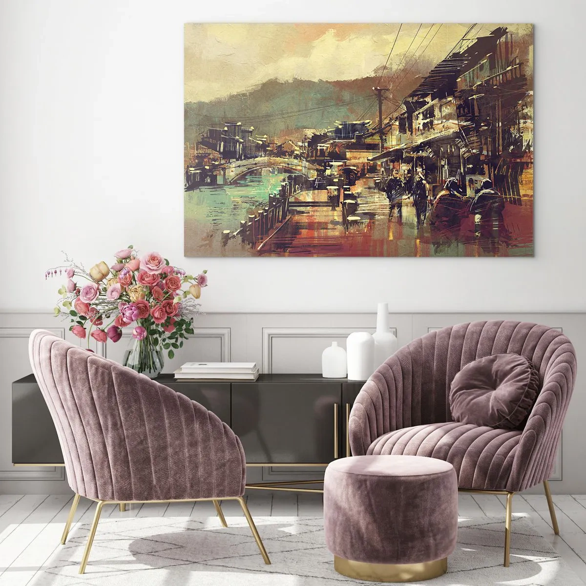 Obraz na skle - Ulica v maliarskom štýle s motívom mosta a kanála. - 70x50cm - Život ako bohatstvo šedej - Moderná nástenná dekorácia do obývacej izby a spálne ARTTOR