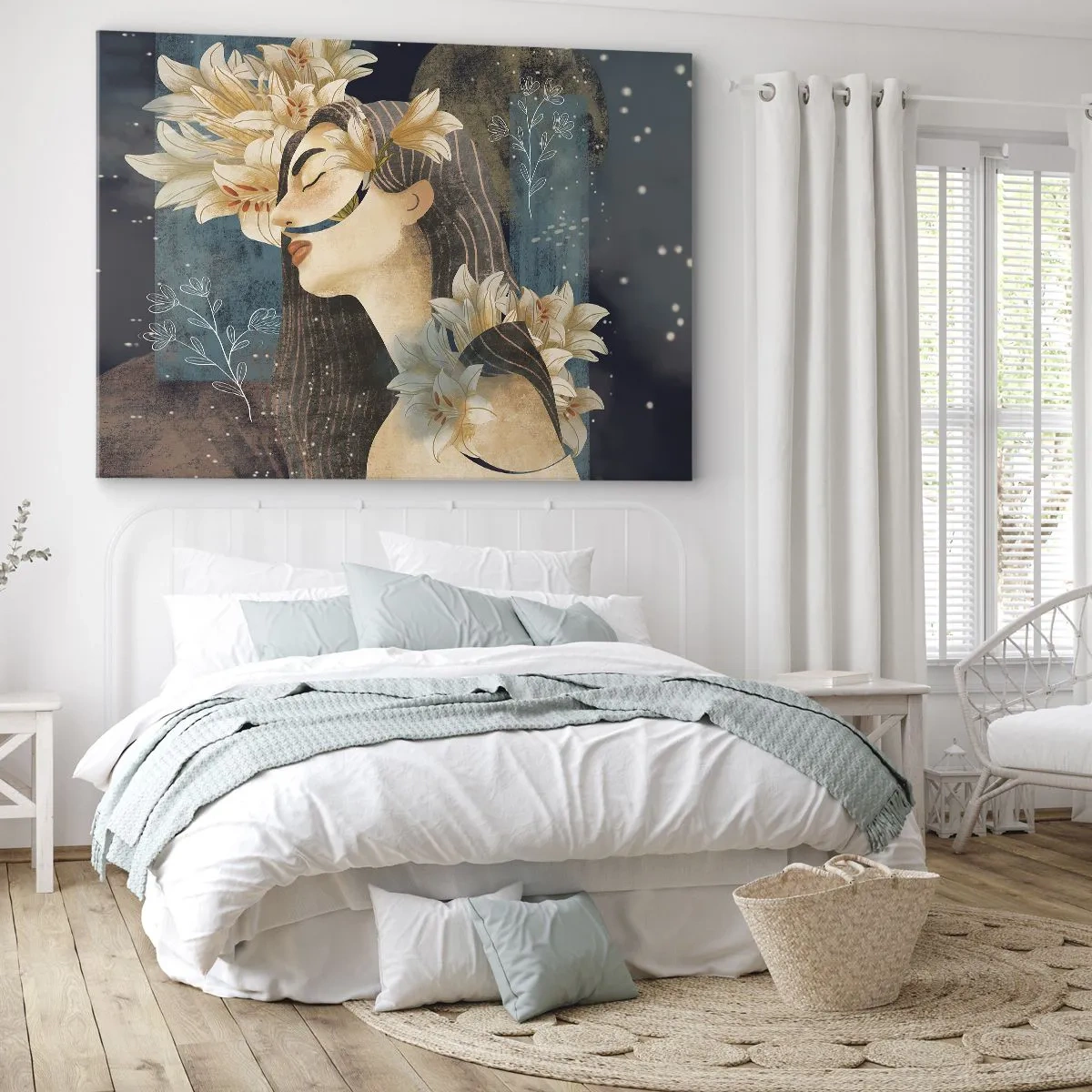Obraz na plátne - Portrét ženy s kvetmi v umeleckom štýle na tmavom pozadí - 70x50cm - Rozprávka o princeznej s ľaliami - Moderná nástenná dekorácia do obývacej izby a spálne ARTTOR