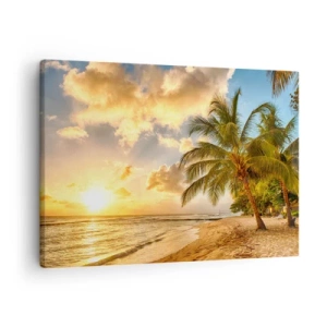 Obraz na plátne - Pláž s palmami a západ slnka nad oceánom - 70x50cm - Večné leto, vždy prázdniny - Moderná nástenná dekorácia do obývacej izby a spálne ARTTOR