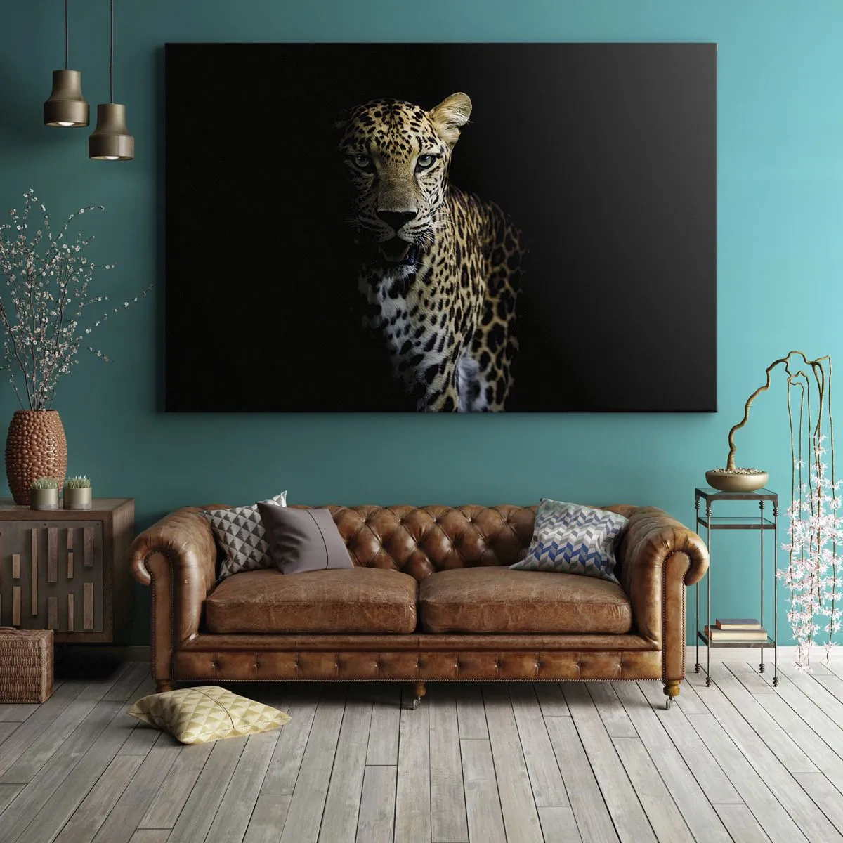 Obraz na plátne - Leopard na tmavom pozadí s intenzívnym pohľadom - 70x50cm - Temná krása - Moderná nástenná dekorácia do obývacej izby a spálne ARTTOR