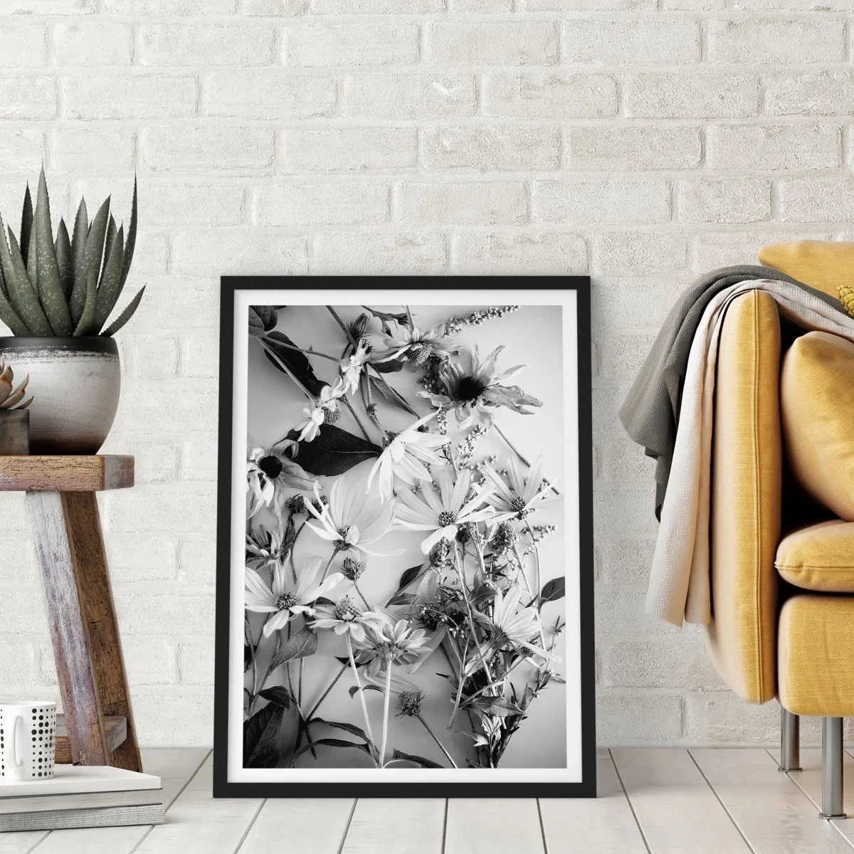 Plagát v čiernom ráme - Čiernobiele kvety naaranžované v umeleckom aranžmáne - 50x70cm - Kvety bez kytice - Moderná nástenná dekorácia do obývacej izby a spálne ARTTOR