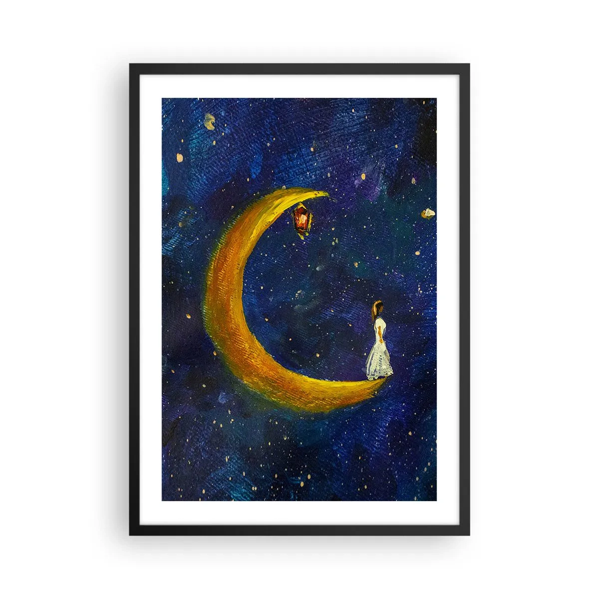 Plagát v čiernom ráme - Postava na zlatom mesiaci proti nočnej oblohe s hviezdami - 50x70cm - Volanie sveta - Moderná nástenná dekorácia do obývacej izby a spálne ARTTOR